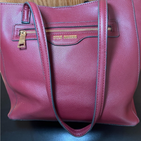 Steve Madden Large Faux Pebbled Leather Tote Crossbody Bag EUC Burgundy/Brown - Picture 8 of 16
